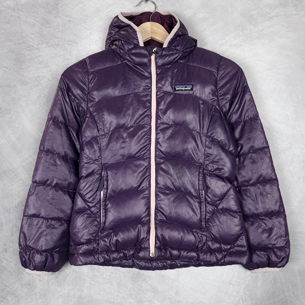 Patagonia Hi Loft Down Sweater Hoody Jacket Girls Small Purple Puffer